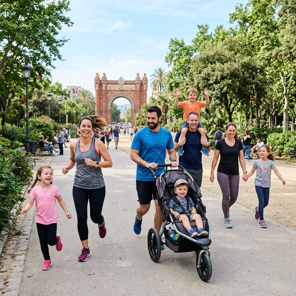 Families jogging with children near Barcelona’s Arc de Triomf