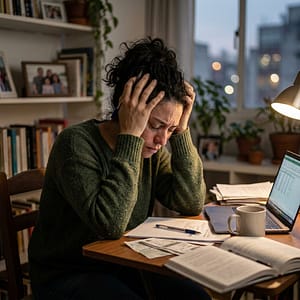 Woman studying at a table with paperwork, books, laptop, and coffee