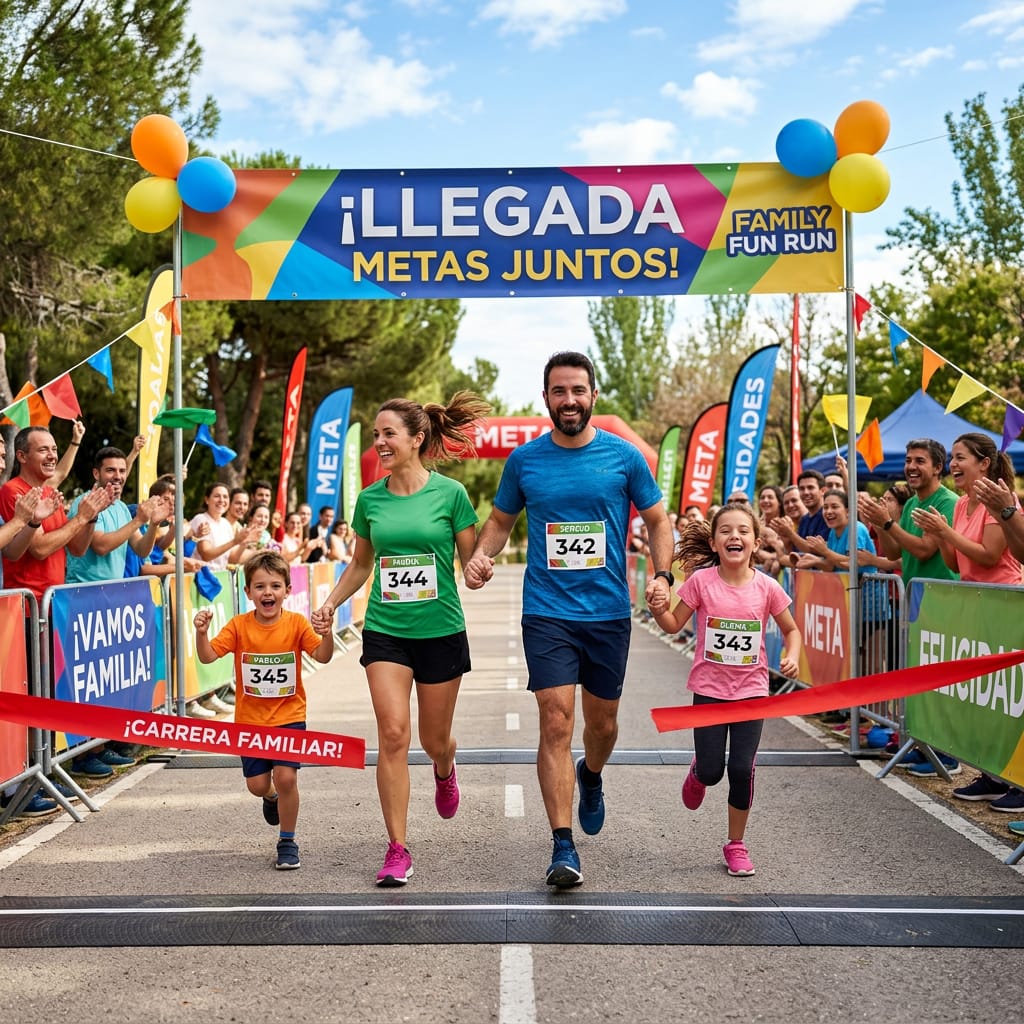 Family crossing a finish line beneath a ¡Llegada metas juntos! banner